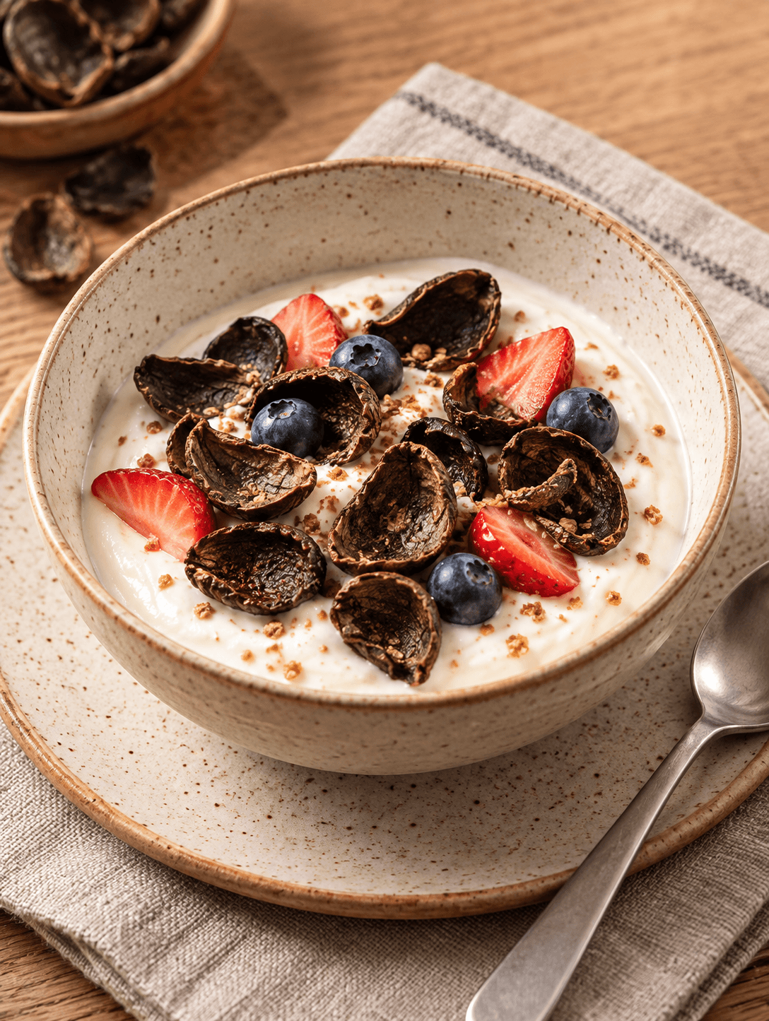 Hojuelas de Cereza de Café servidas con yogur, fresas y arándanos.