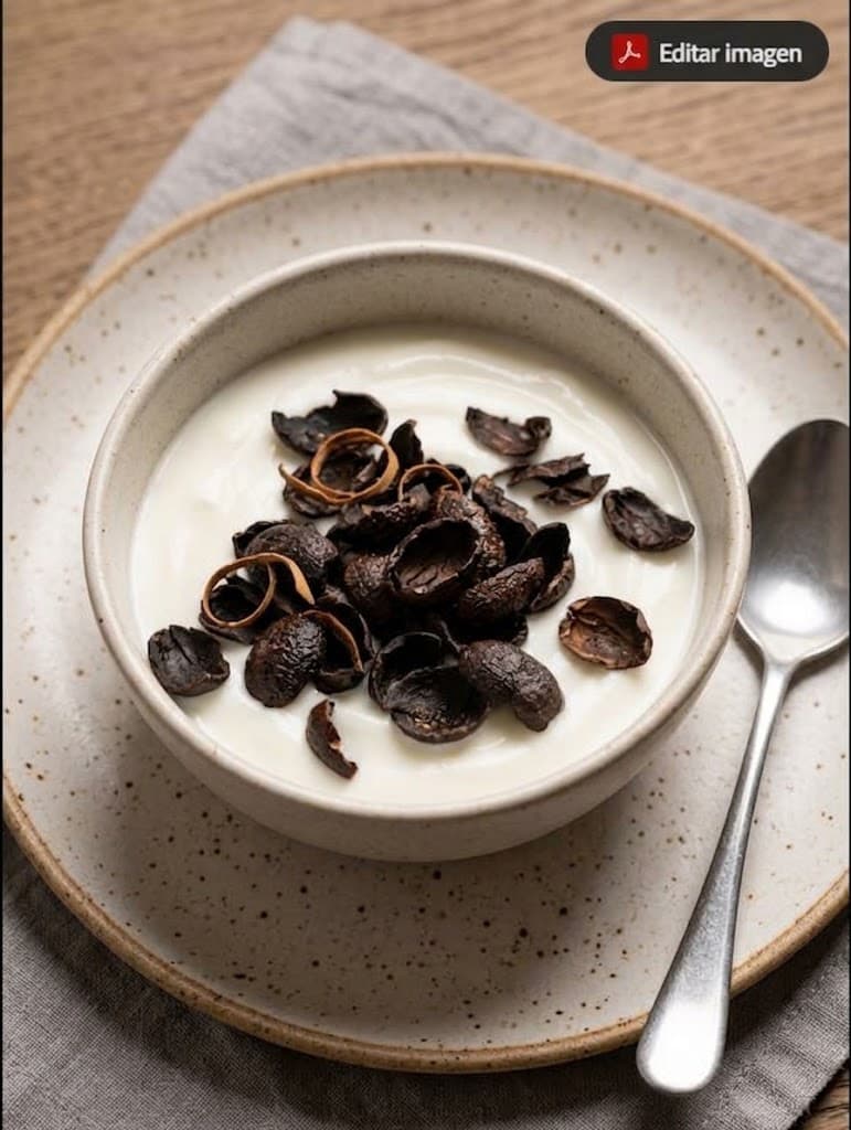 Hojuelas de Cereza de Café servidas con yogur.