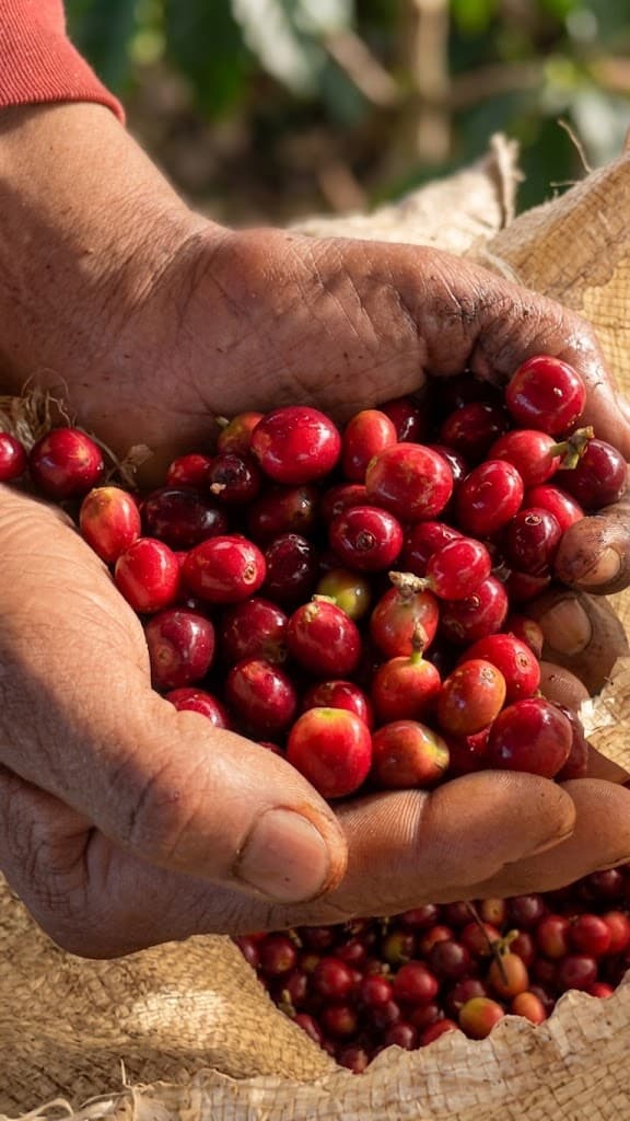 Manos seleccionando cerezas maduras de café durante el proceso en Finca La Isabela.